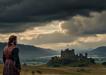 Rosse is looking into the castle from a hill. A flag is flying high. Possibly the flag of Scotland. Sky is visible.