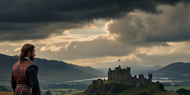 Rosse is looking into the castle from a hill. A flag is flying high. Possibly the flag of Scotland. Sky is visible.