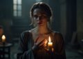 Image of lady macbeth. She is holding a candle in her hand. Photo of lady macbeth for the article Lady Macbeth quotes from Macbeth