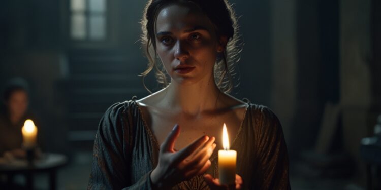 Image of lady macbeth. She is holding a candle in her hand. Photo of lady macbeth for the article Lady Macbeth quotes from Macbeth