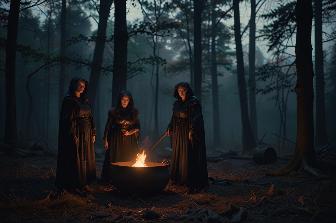 witches brew ingredient in macbeth. Photos of three witches cooking in a dark forest. Three witches image for the article